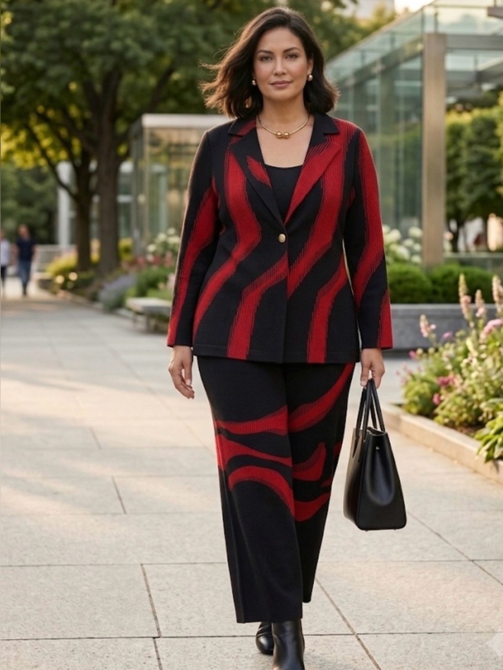 Ming Wang Women's Black & Red Patterned Single-Button Jacket 2 Piece Set Size XL
